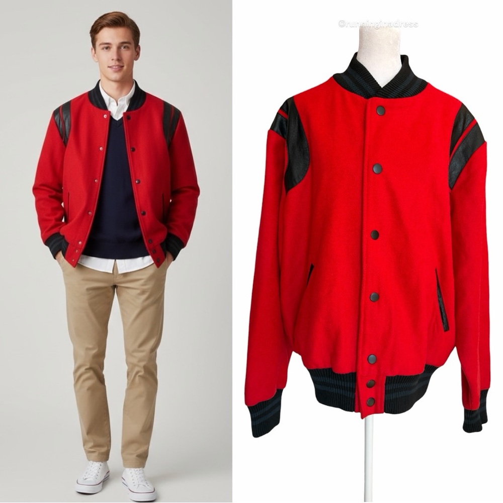 Bascom Projects Red Varsity Letterman Jacket Faux Leather & Wool Size Large